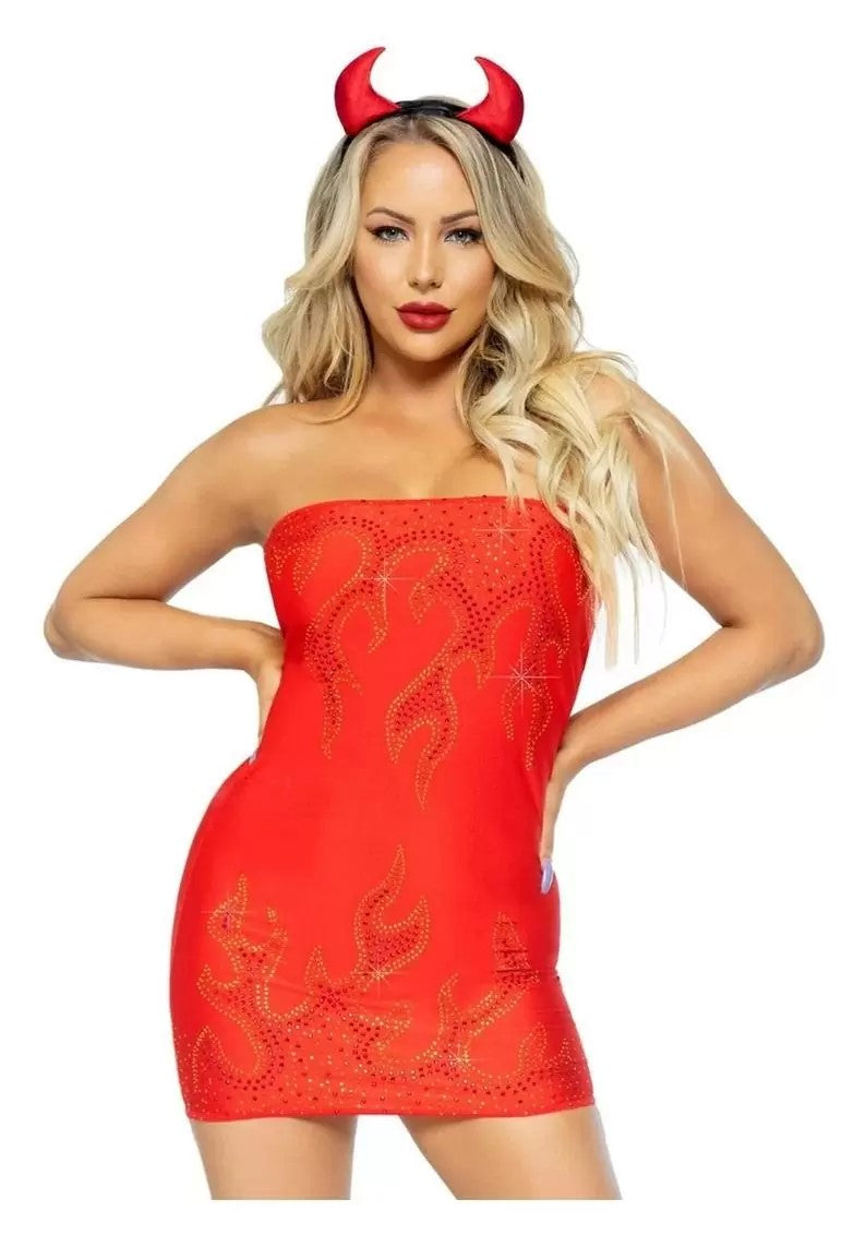 Bedazzled Devil Rhinestone Flame Tube Dress - X-Large – Red